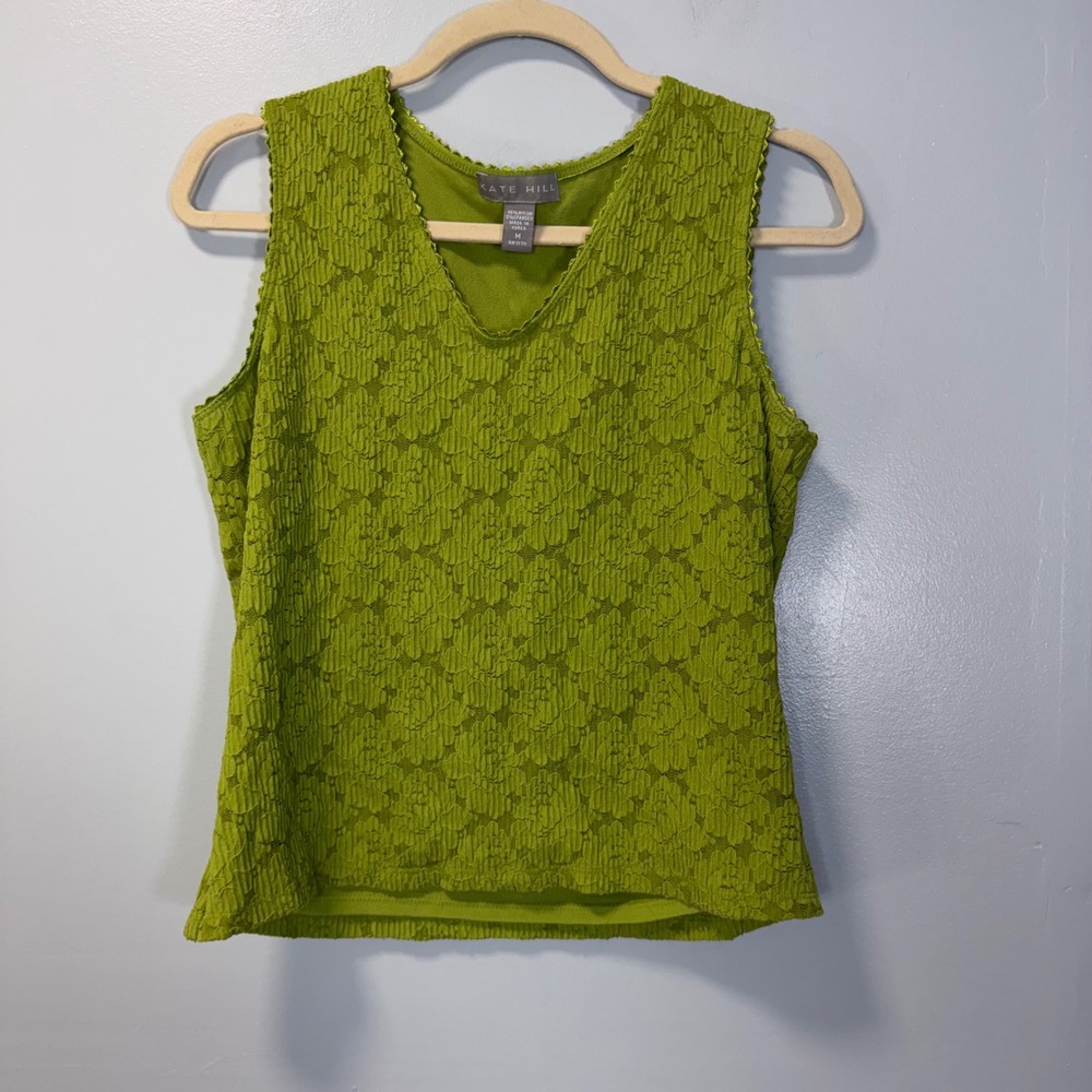 Kate Hill Womens Medium Lime Green Floral Lace V-Neck Sleeveless Tank Top
